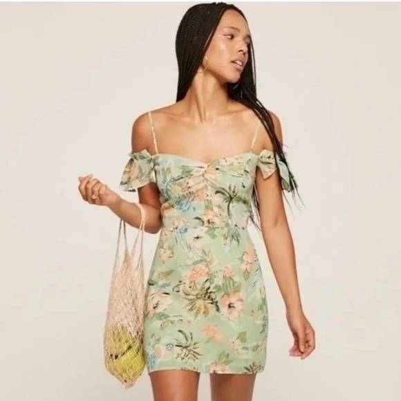 Reformation Green Tropical Floral Chiffon Off The Shoulder Mini Dress Size 2 - Picture 1 of 9